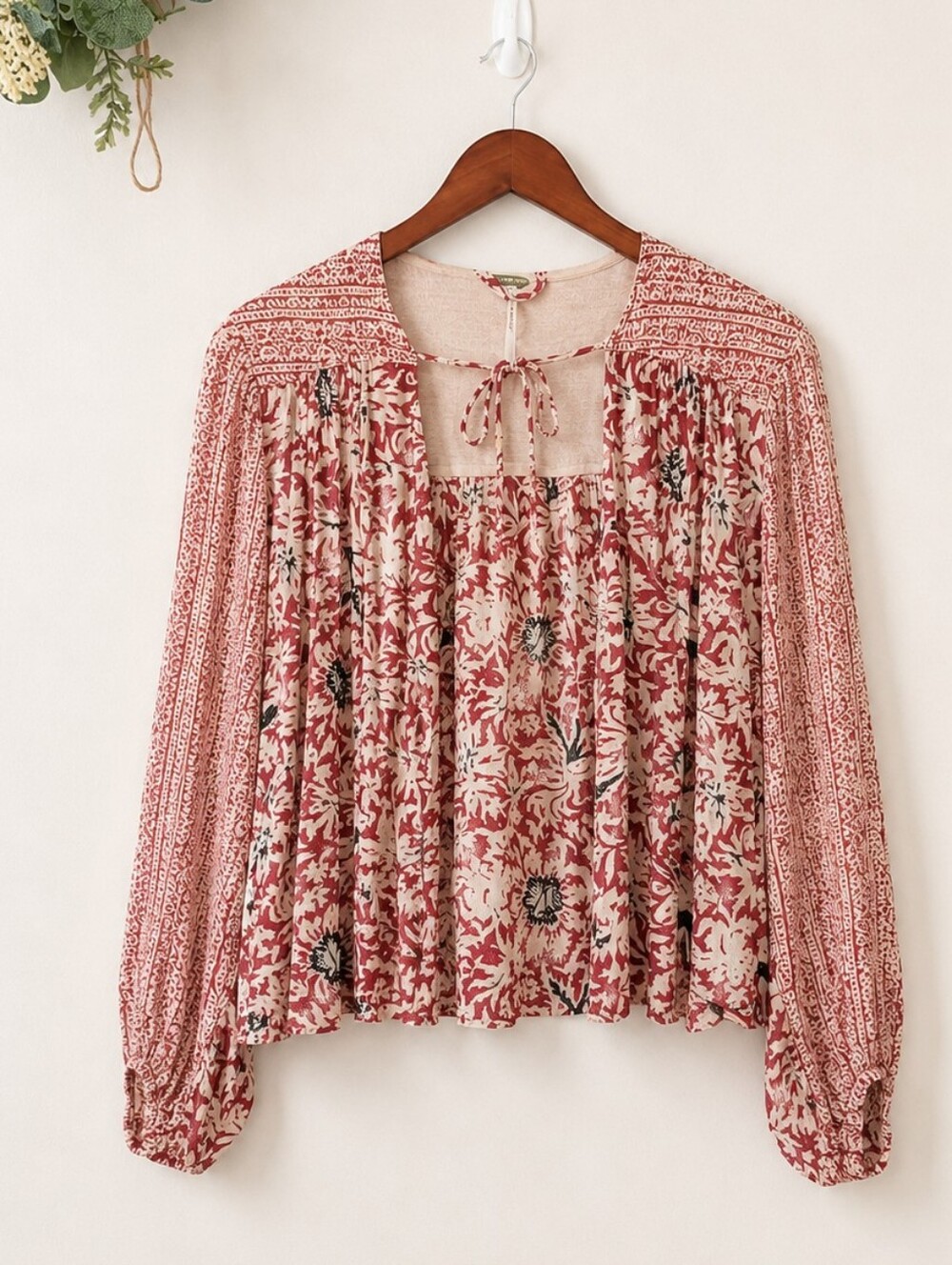Free People Red Cream Floral Boho Open Front Blouse Top XS